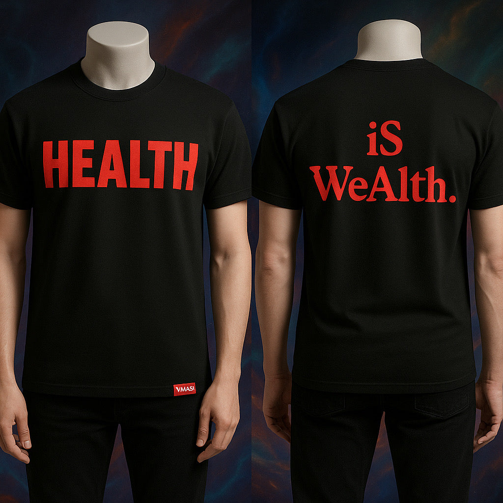 ViMaSu “HEALTH is WeAlth.” Tee – Red on Black